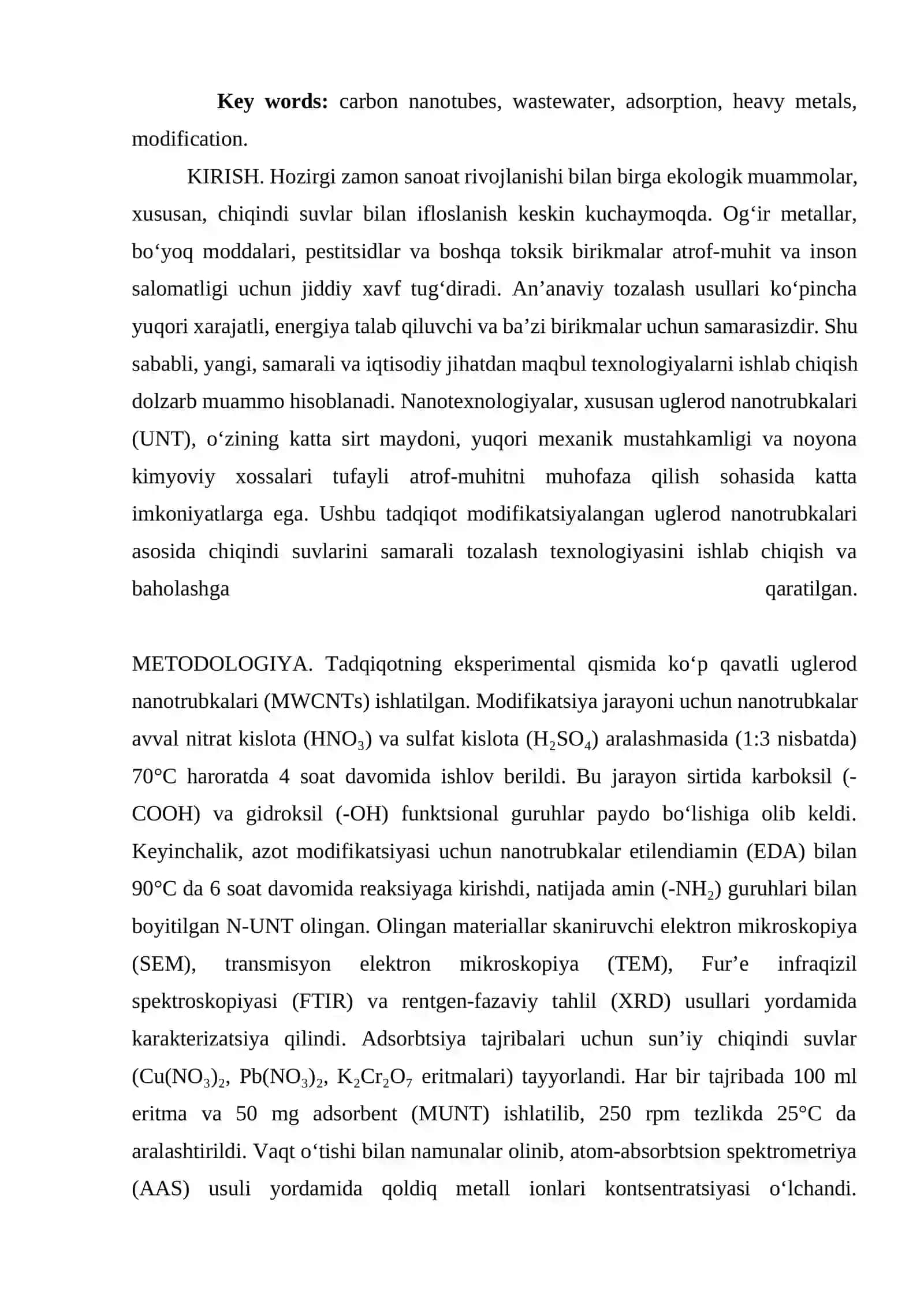 MODIFIKATSIYALANGAN UGLEROD NANOTRUBKALARI BILAN CHIQINDI SUVLARINI SAMARALI TOZALASH TEXNOLOGIYASI 2