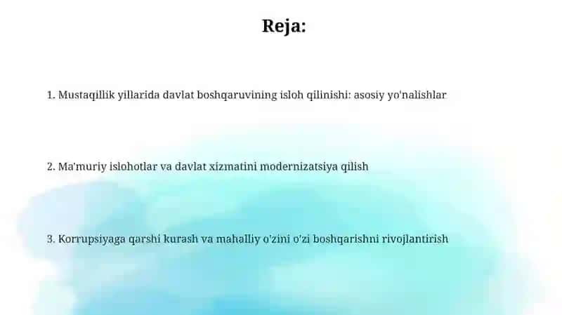 Mustaqillik yillarida davlat boshqaruvi tizimida amalga oshirilgan islohotlar 2
