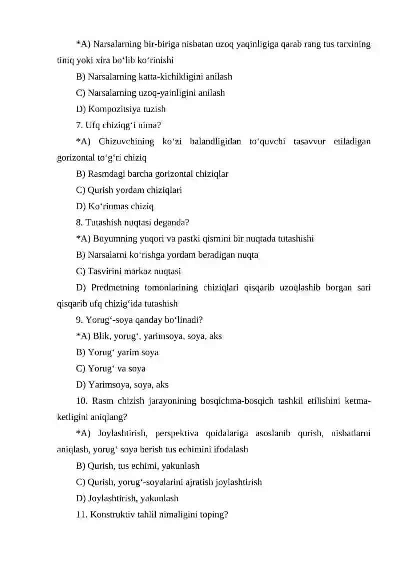 TASVIRIY SAN’AT VA MUHANDISLIK GRAFIKASI KAFEDRASI kurs talabalari uchun mutaxassislik bo‘yicha o‘qitilgan fanlardan TESTLAR 2