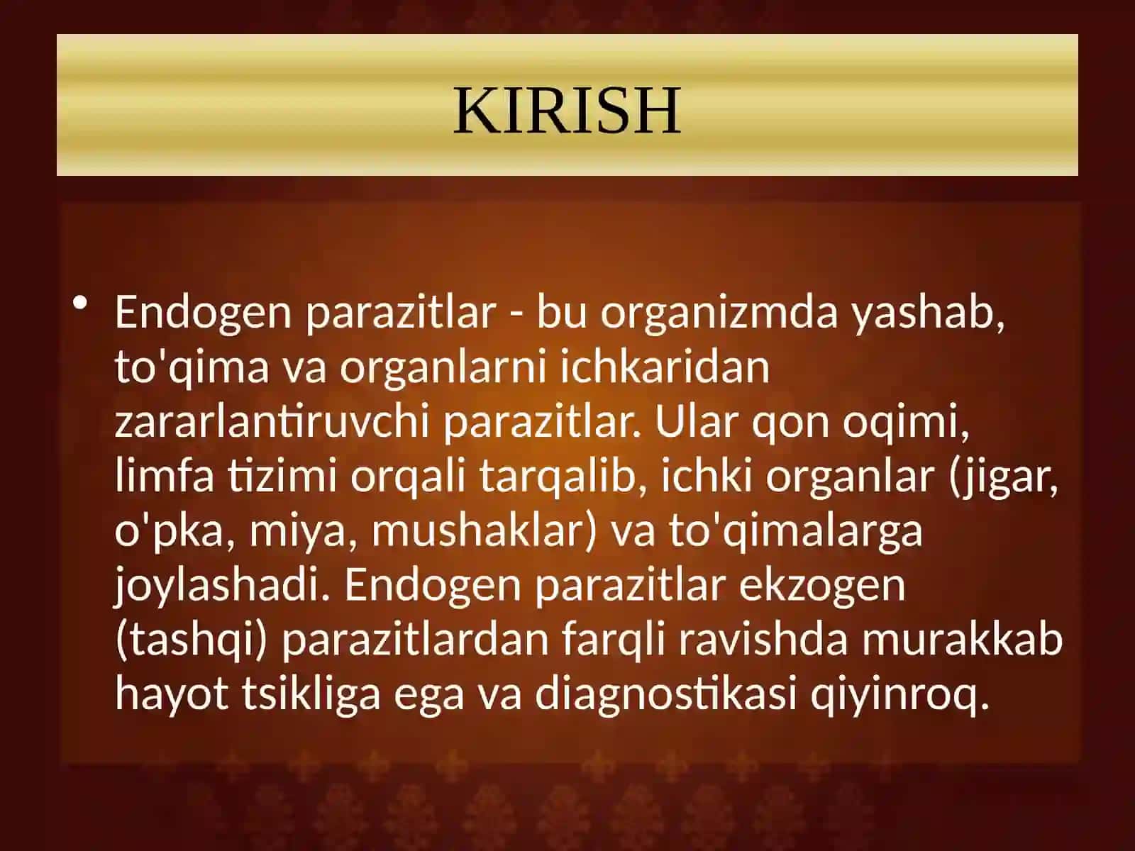ENDOGEN PARAZITLAR KASALLIKLARI: KLASSIFIKATSIYASI, PATOGENEZI VA LABORATORIYA TASHXISI taqdimot 2