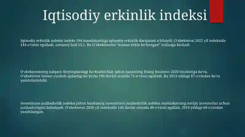 Oʻzbekistonning Xalqaro Reytinglardagi KoʻRsatkichlar 2