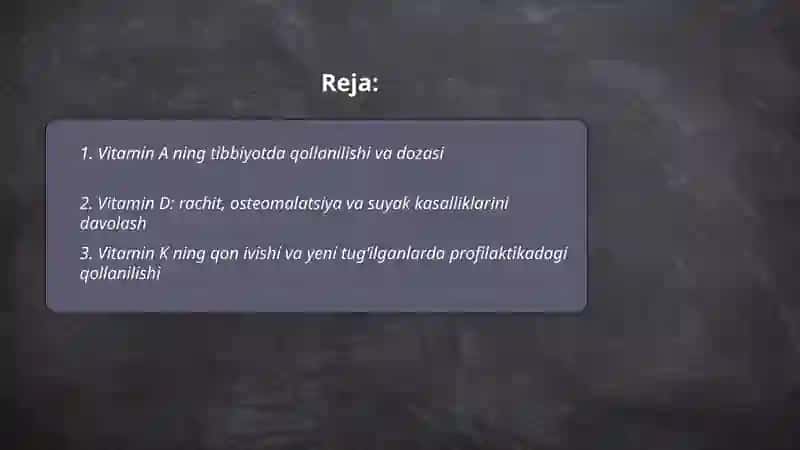 Vitaminlarni tibbiyotda qollanilishi va antivitaminlar 2