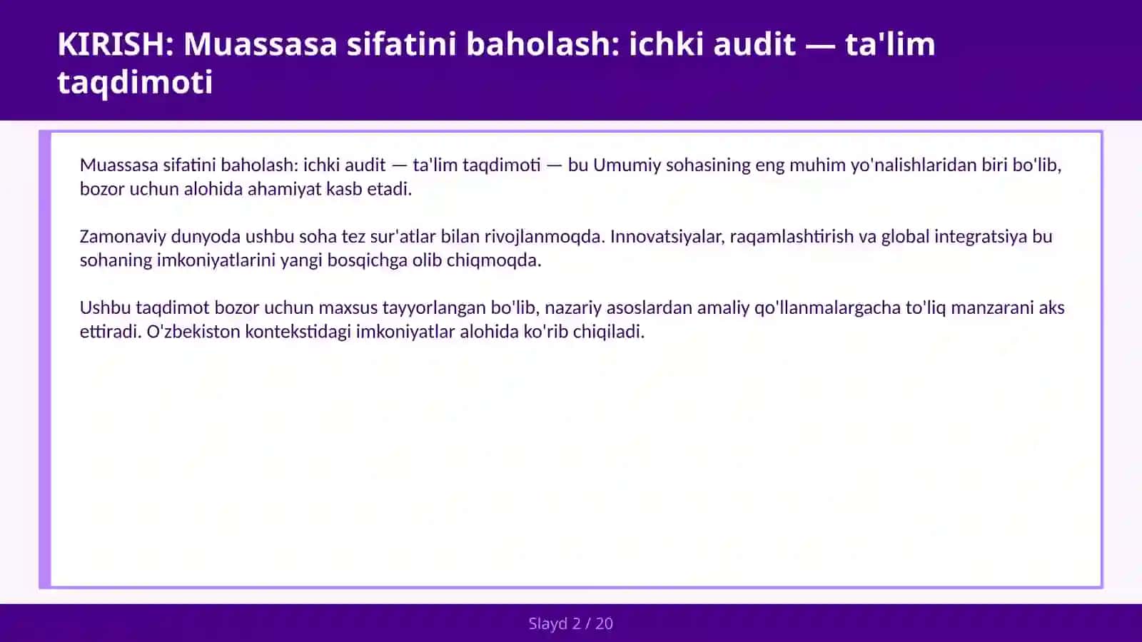 Muassasa sifatini baholash: ichki audit — ta'lim taqdimoti 2