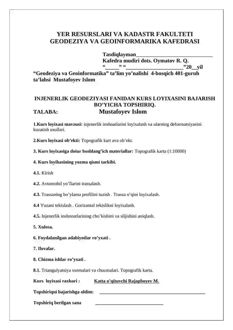 Topografik kartada injenerlik inshoatlarini loyixalash va ularning deformatsiyasini kuzatish 2