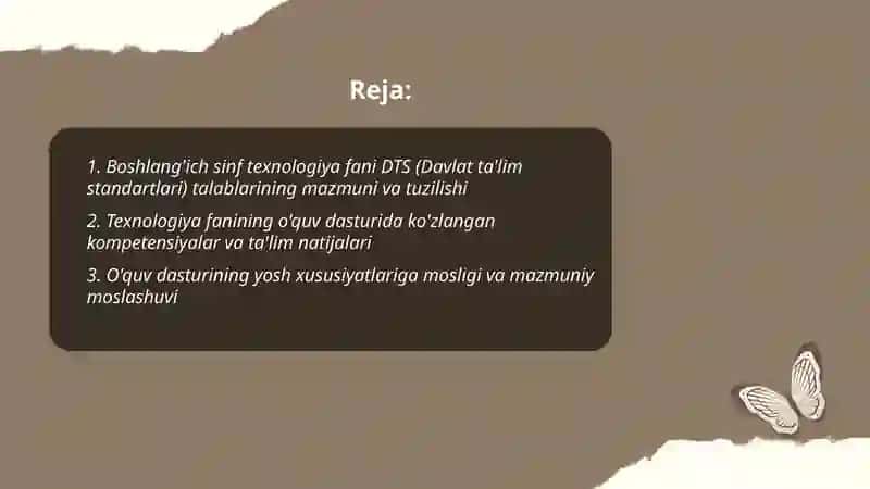 Boshlang'ich sinf texnologiya fani DTS tahlili va òquv fan darsturlarining mazmuni va ularning tahlili 2