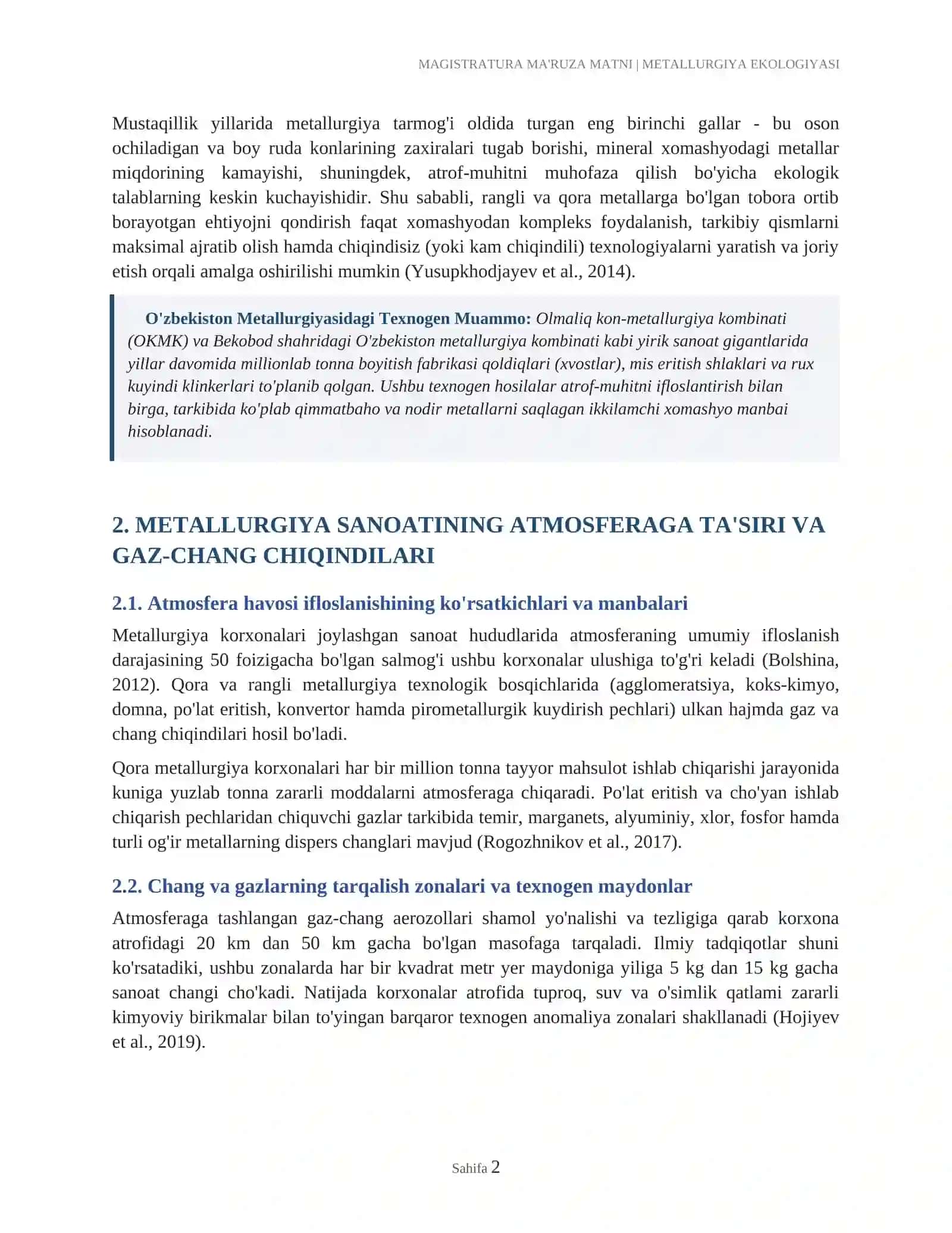 MAGISTRATURA MA'RUZA MATNI | METALLURGIYA EKOLOGIYASI 2