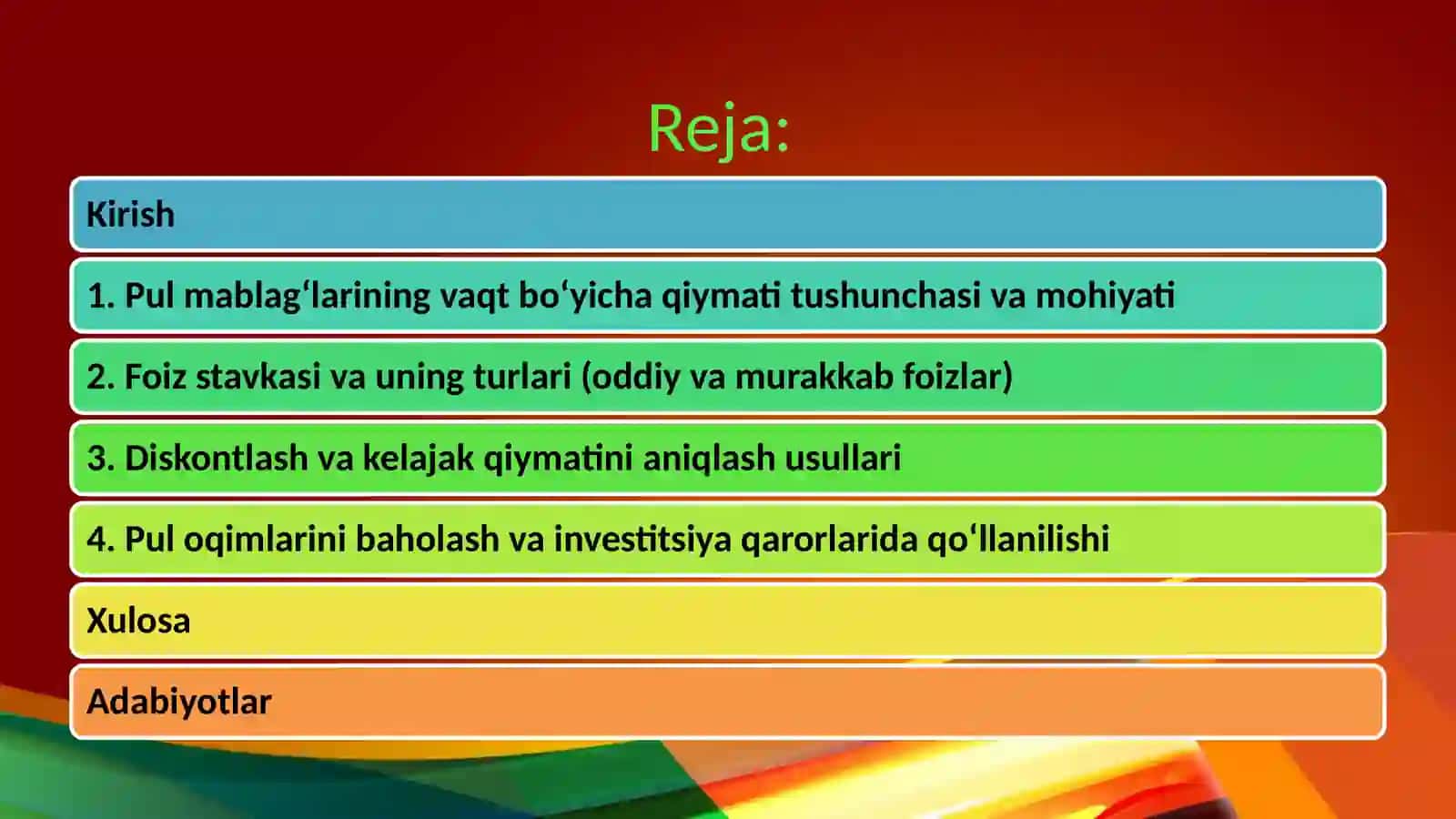 Pul mablag'larini vaqt bo'yicha qiymati kansepsiya. 2