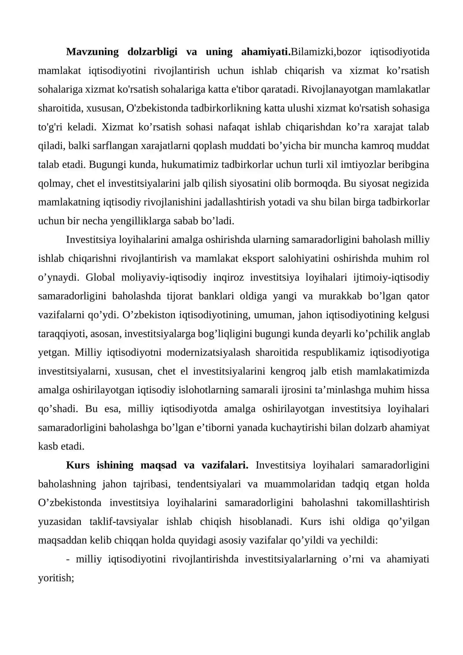 Investitsion loyihaning qiymati va samaradorligi 2