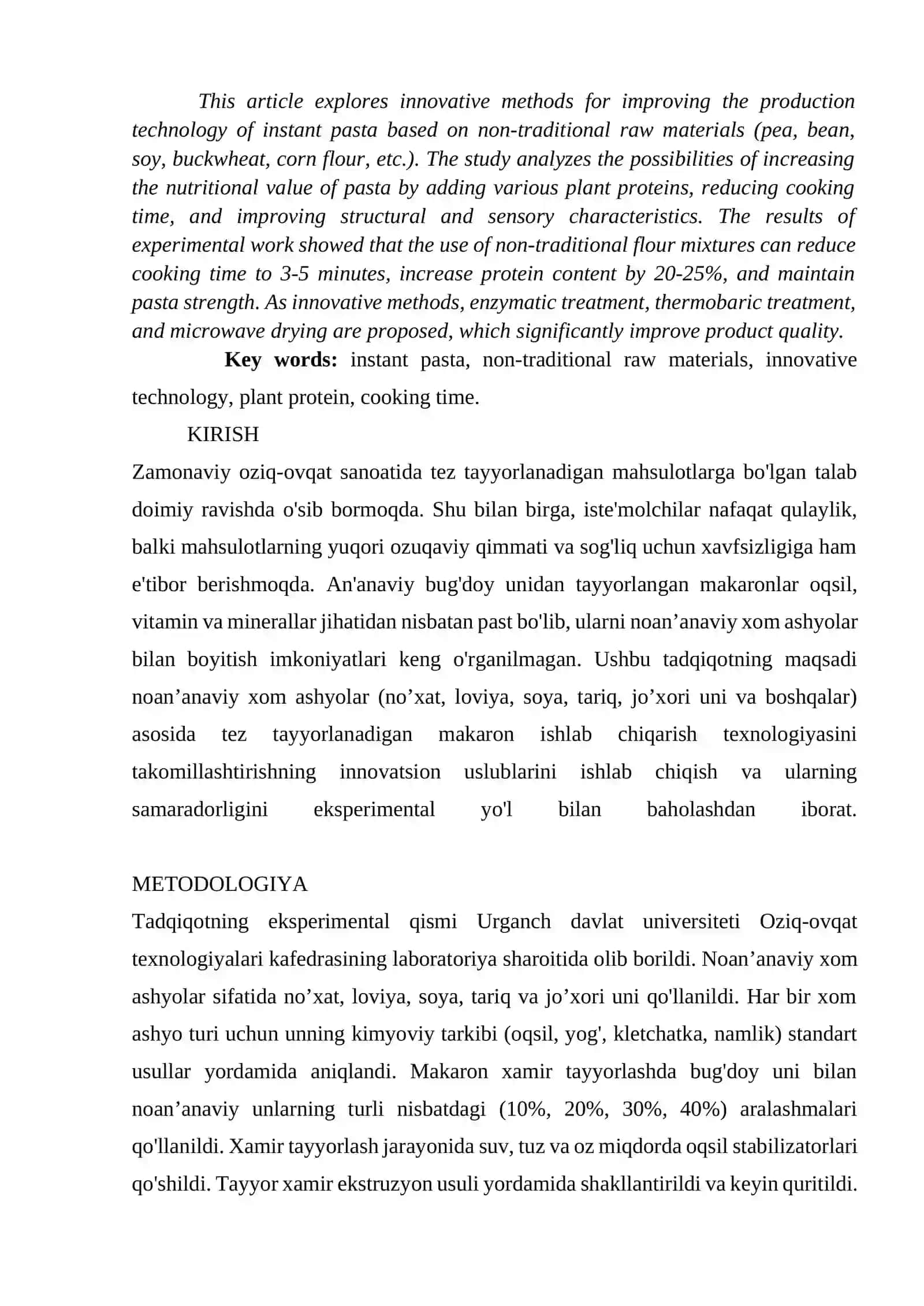 NOAN’ANAVIY XOM ASHYOLAR ASOSIDA TEZ TAYYORLANADIGAN MAKARON ISHLAB CHIQARISH TEXNOLOGIYASINI TAKOMILLASHTIRISHNING INNOVATSION USLUBLARI 2
