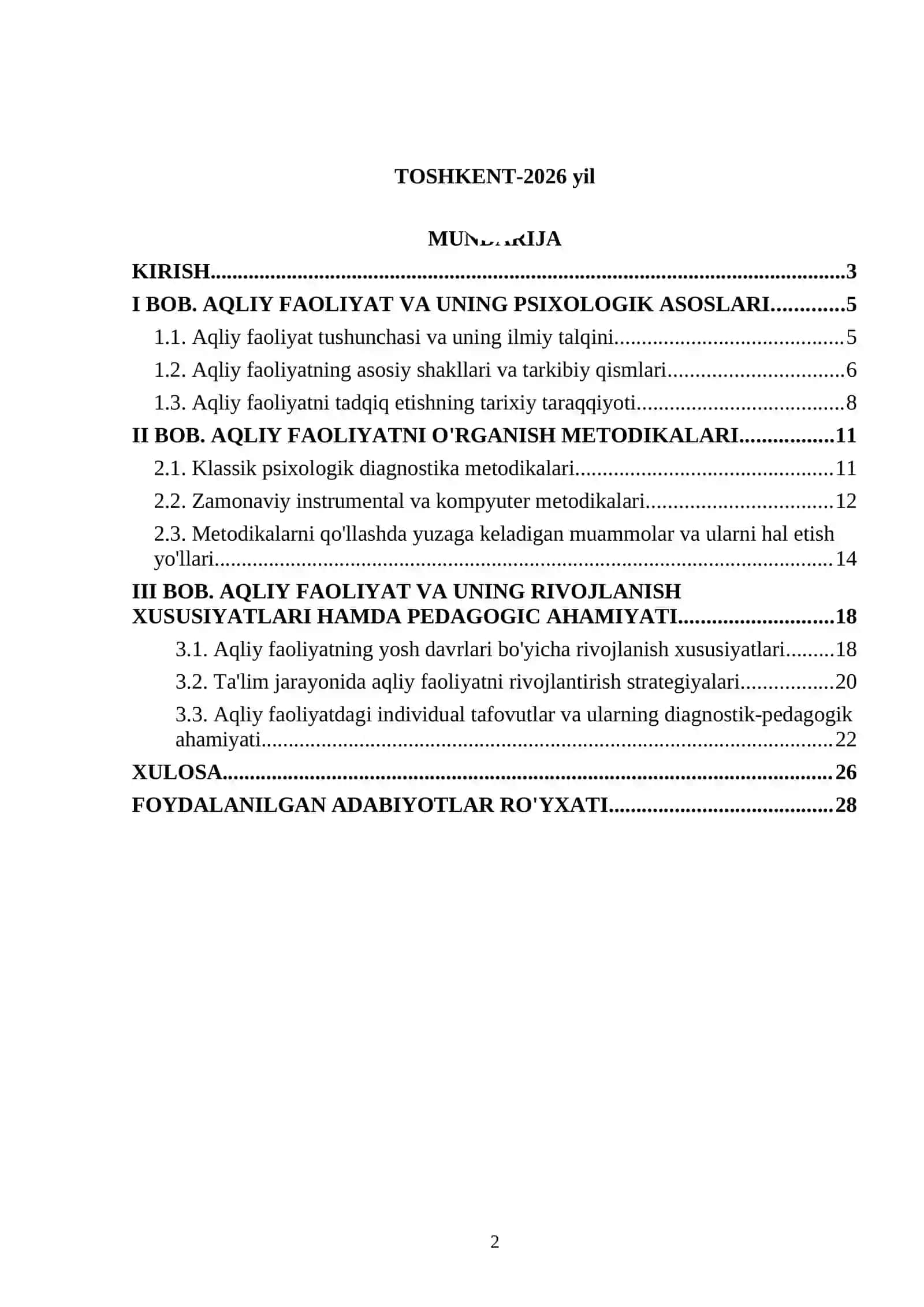Aqliy faoliyatni o’rganish uchun metodikalar mavzusidagi kurs ishi 2
