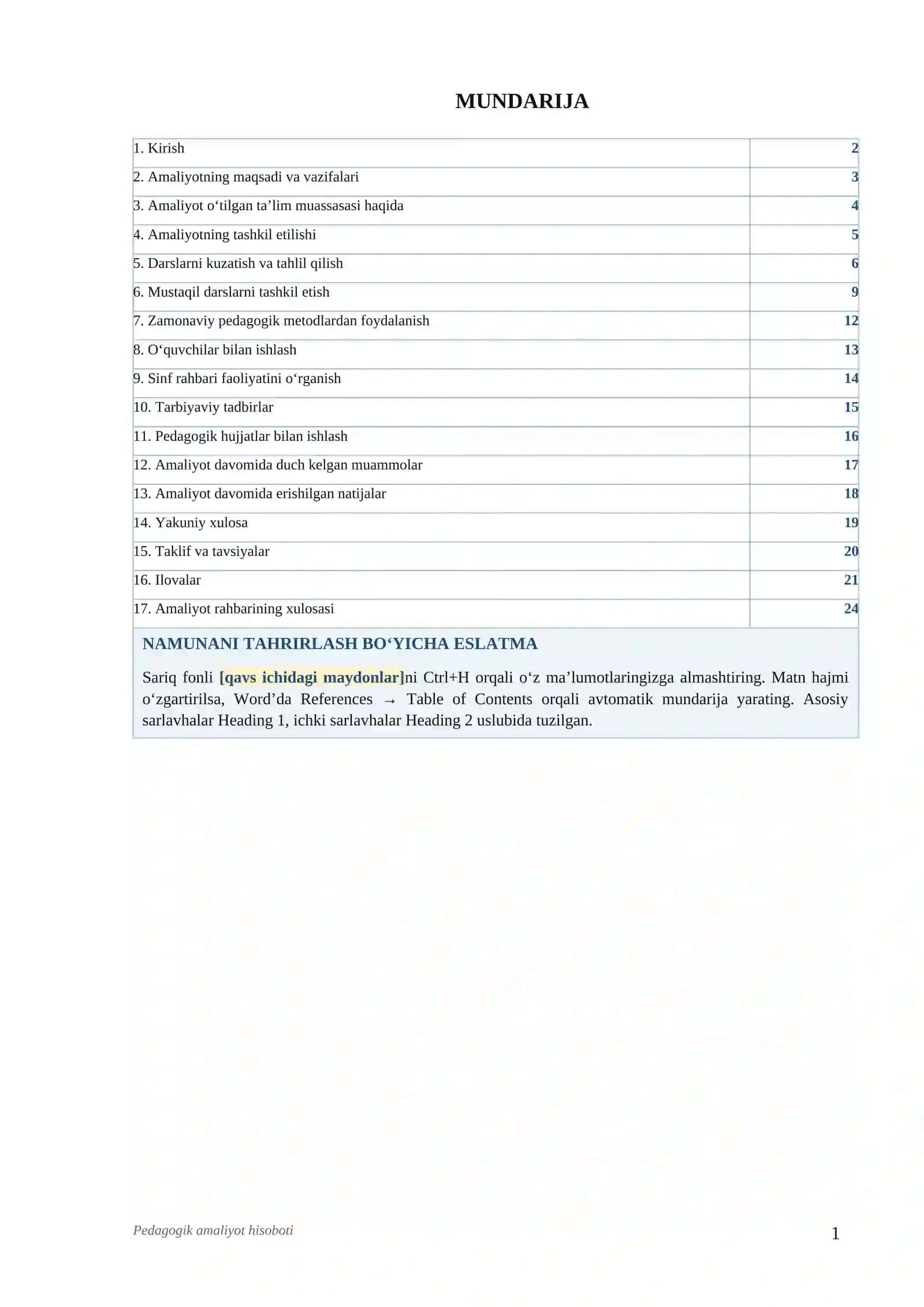 Pedagogik amaliyot hisoboti | Talabalar uchun tayyor Word namuna | DOCX 2