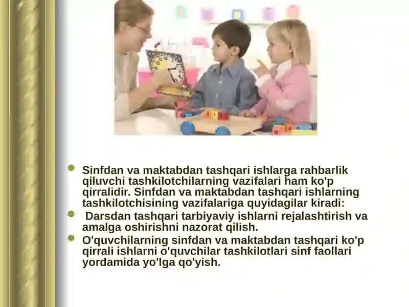 Mahalla oila va maktab hamkorligining uzviyligi taminlash. Tarbiyaviy tadbirlarni tashkil etish usullari 2