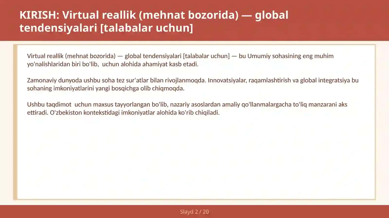 Virtual reallik (mehnat bozorida) — global tendensiyalari [talabalar uchun] 2