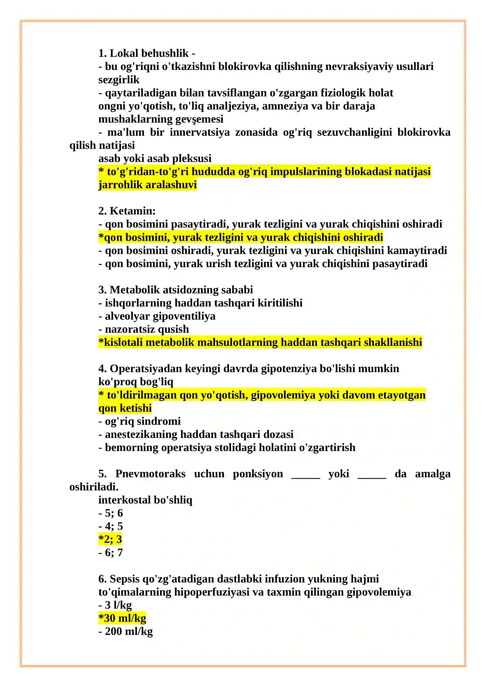 Anesteziologiya va reanimatologiya mutaxassisligi bo'yich shakllantirilgan test savollari ro'yxati 2