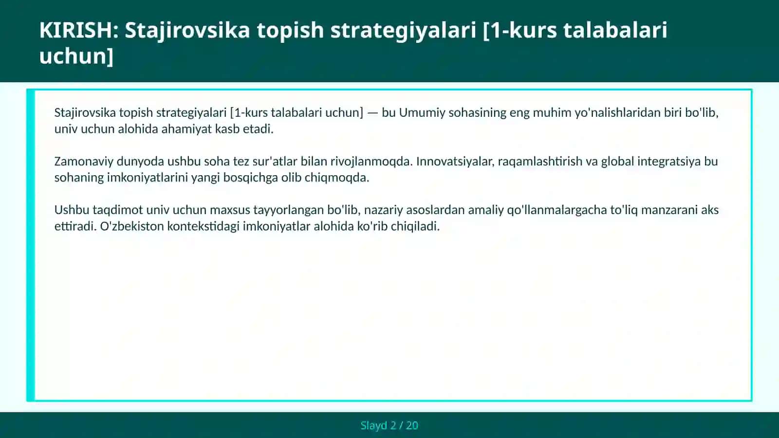 STAJIROVSIKA TOPISH STRATEGIYALARI [1-KURS TALABALARI UCHUN] 2