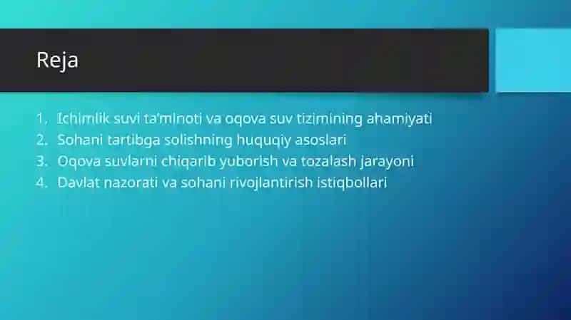 Ichimlik suvi ta’minoti va oqova suvlarni chiqarib yuborish sohasini tartibga solish 2