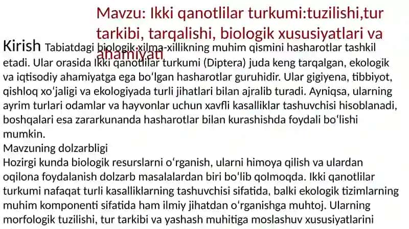 Ikki qanotlilar turkumi: tuzilishi, turtarkibi, tarqalishi, biologik xususiyatlar va ahamiyati 2