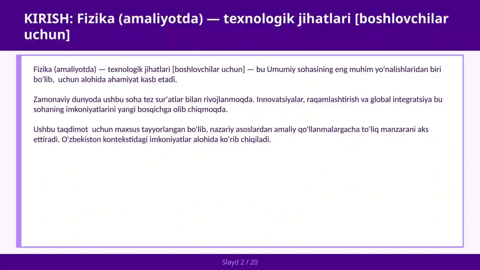 FIZIKA (AMALIYOTDA) — TEXNOLOGIK JIHATLARI [BOSHLOVCHILAR UCHUN] 2