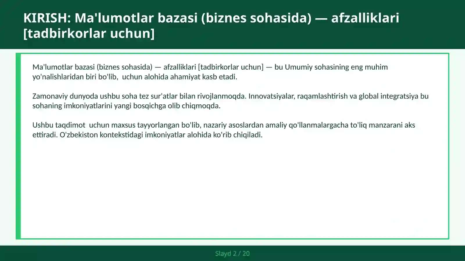MA'LUMOTLAR BAZASI (BIZNES SOHASIDA) — AFZALLIKLARI [TADBIRKORLAR UCHUN] 2