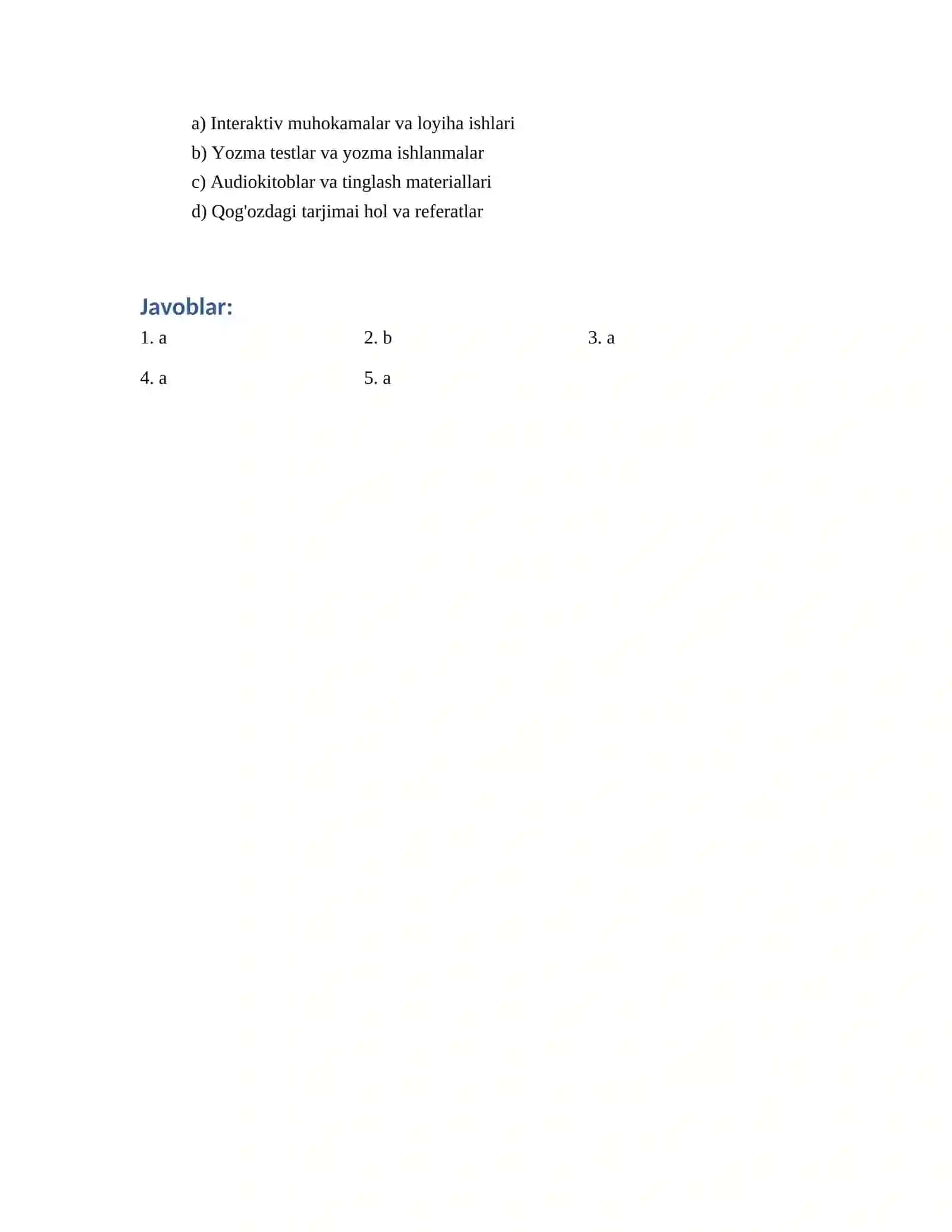 O'quvchilarning aqliy tarbiyasi mavzusida axborot texnologiyalaridan foydalanib test tuzing 2