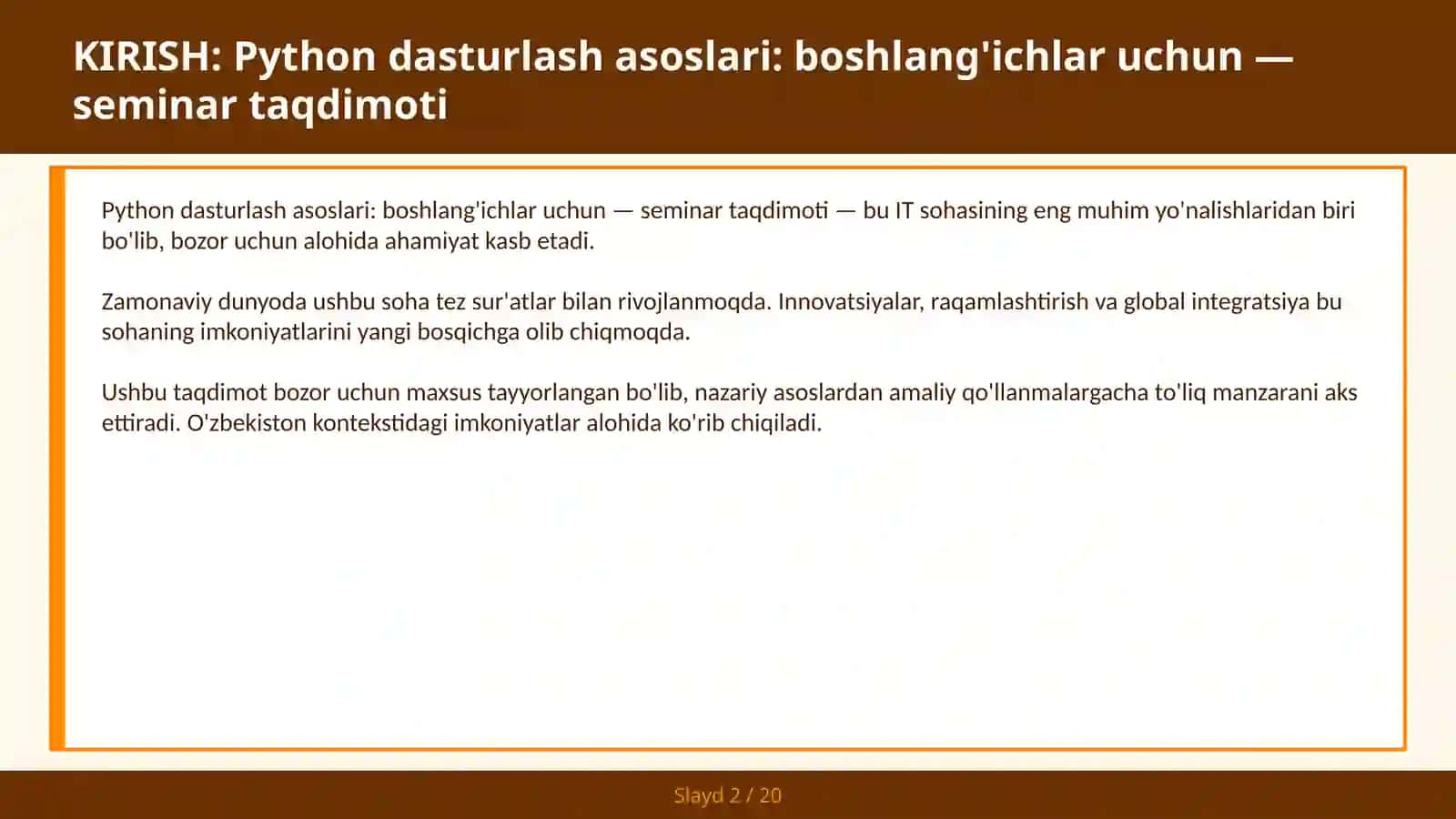 Python dasturlash asoslari: boshlang'ichlar uchun — seminar taqdimoti 2