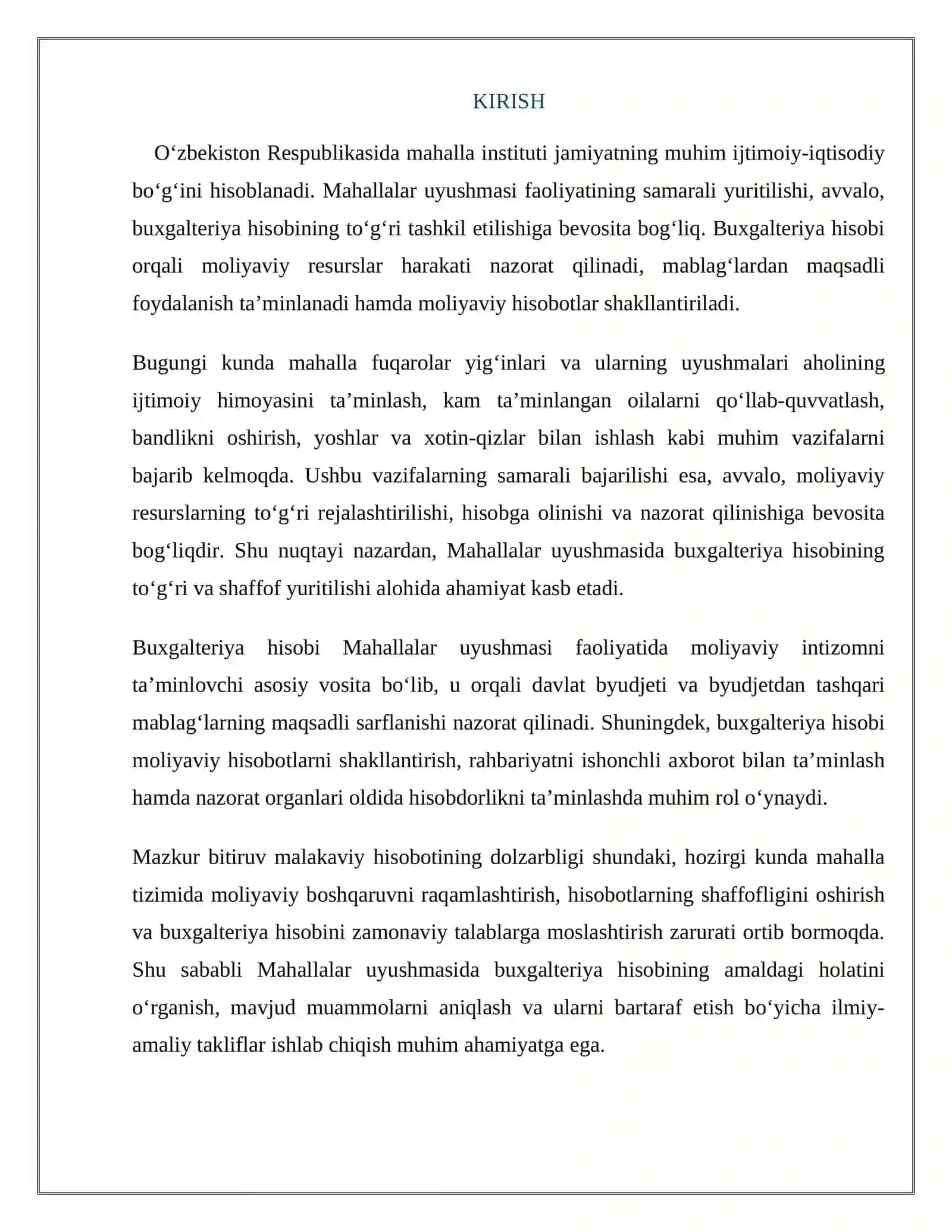 Mahallar uyishmasi buxgalteriyasi bo'yicha hisobot 2