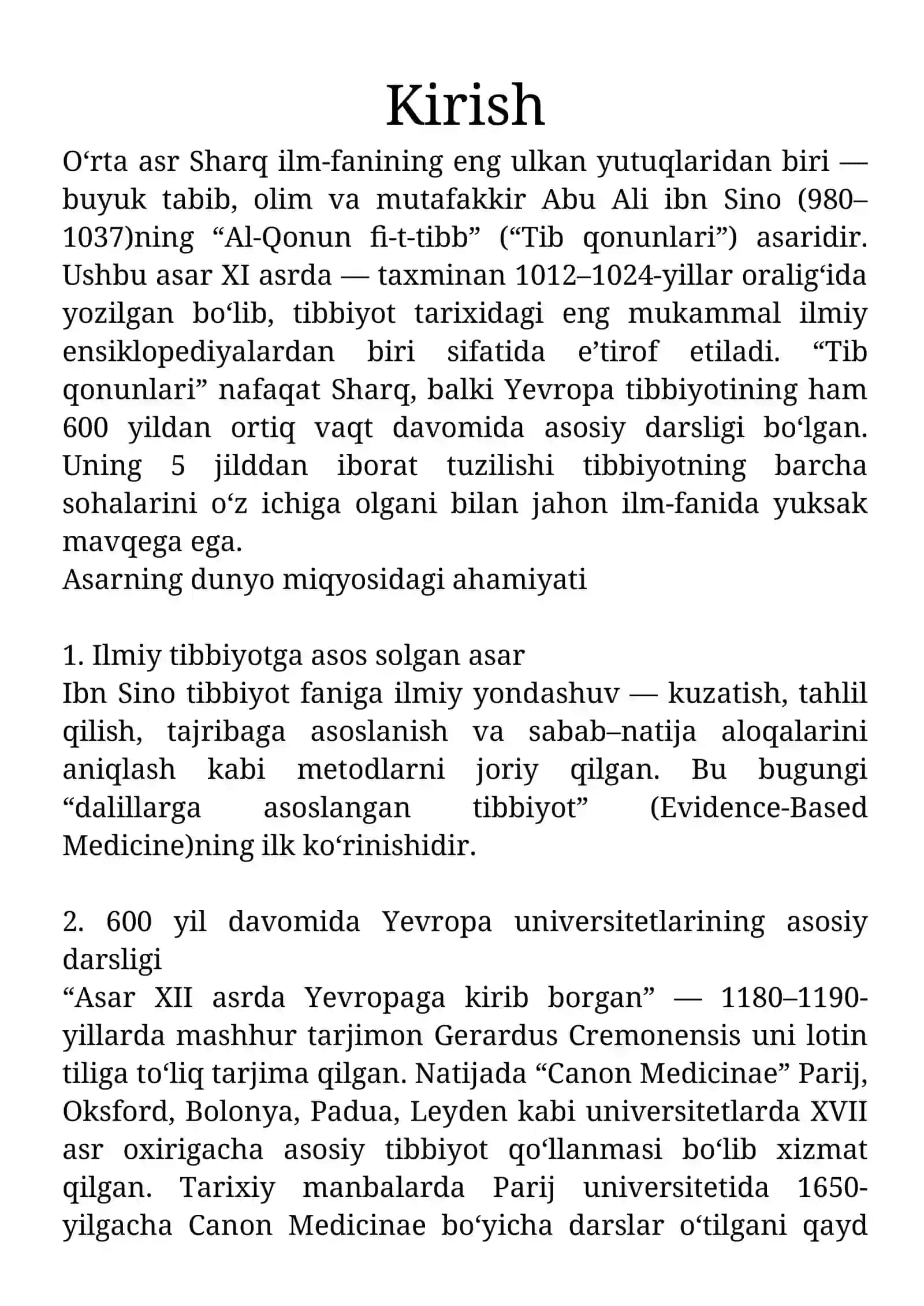 Ibn Sinoning “Tib qonunlari” asarining olamshumul ahamiyati va uning 5 jildi haqida 2