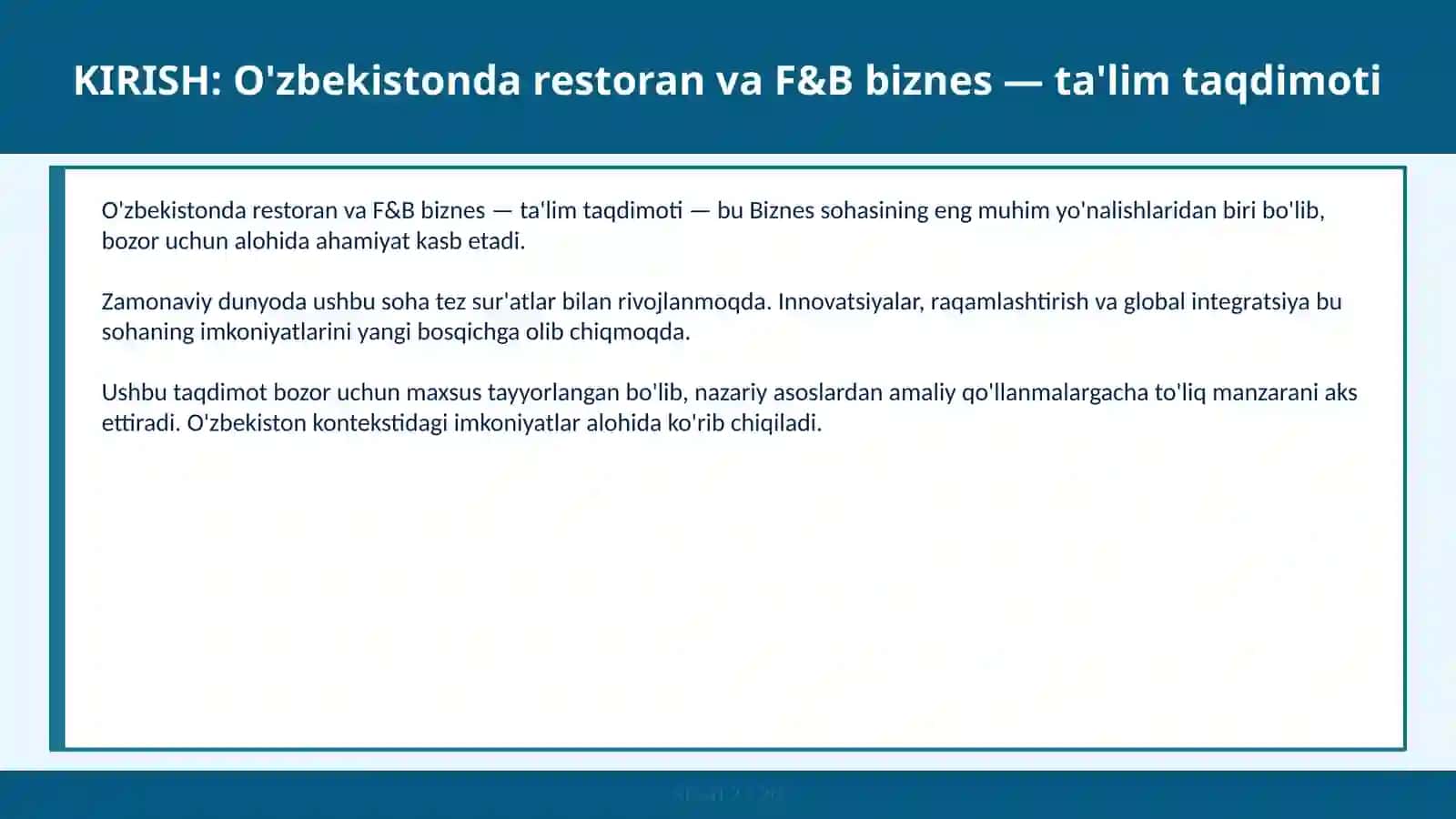 O'ZBEKISTONDA RESTORAN VA F&B BIZNES — TA'LIM TAQDIMOTI 2