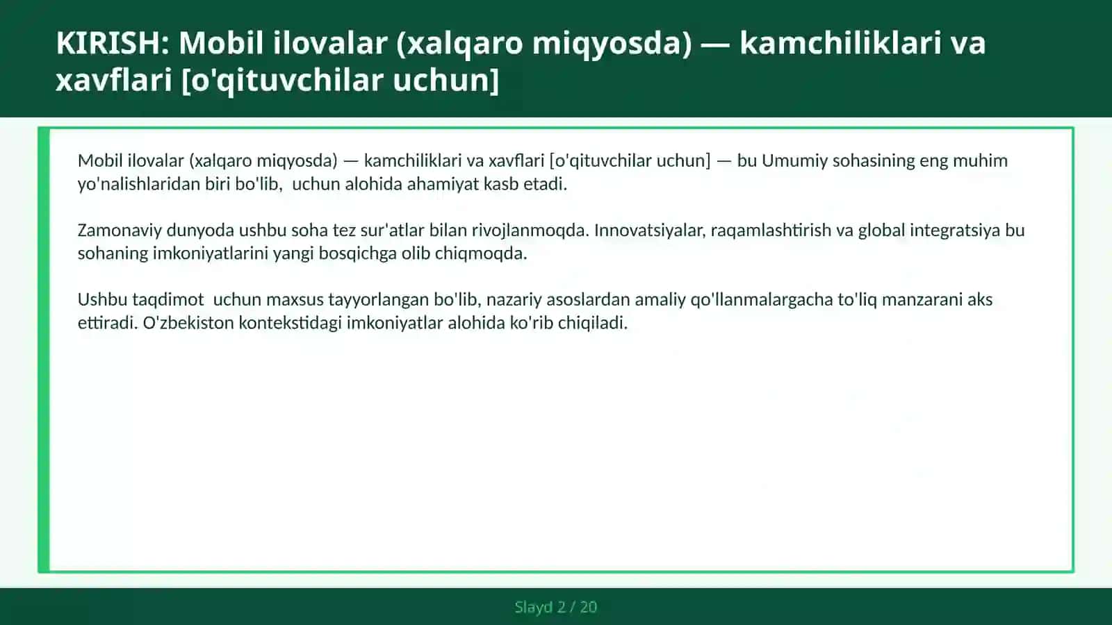MOBIL ILOVALAR (XALQARO MIQYOSDA) — KAMCHILIKLARI VA XAVFLARI [O'QITUVCHILAR UCHUN] 2