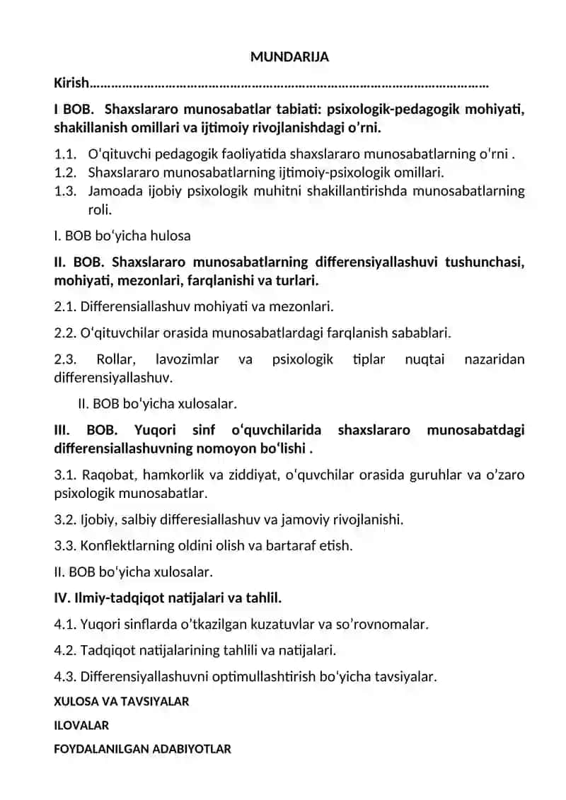 MUNDARIJA - "Umumta’lim maktabi yuqori sinf o‘quvchilarida shaxslararo munosabatlarning differensiyallashuvi” 2