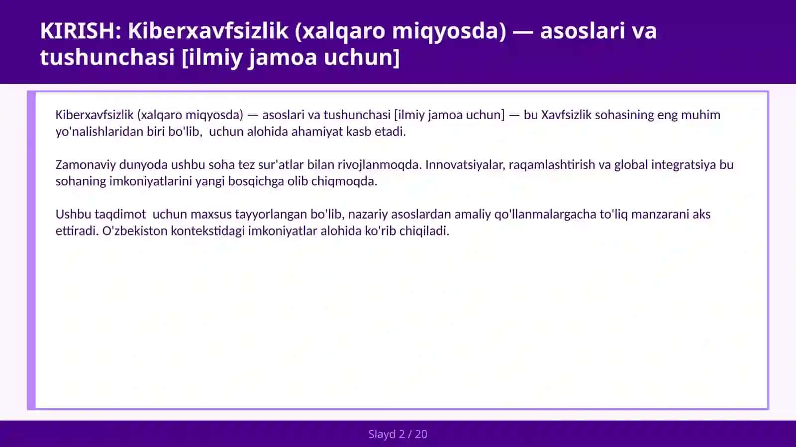 Kiberxavfsizlik (xalqaro miqyosda) — asoslari va tushunchasi [ilmiy jamoa uchun] 2