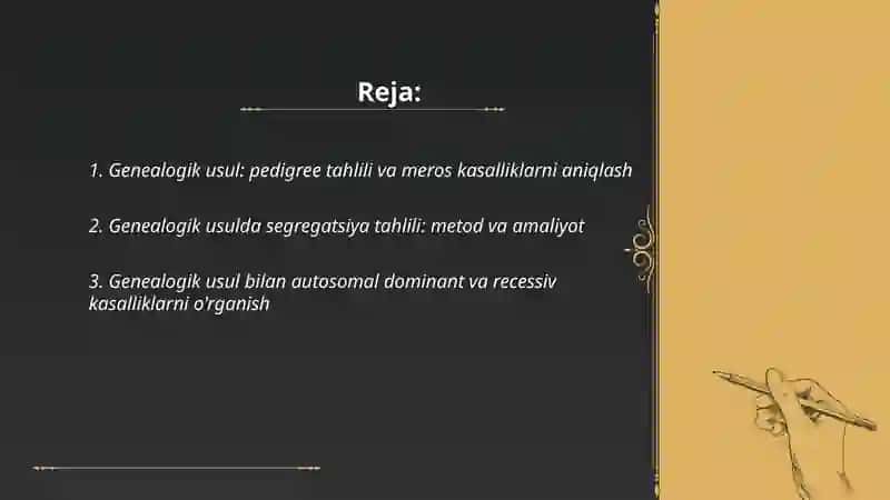 Odam genitikasini o'rganish usullari: geneologik poplatsionstatikva statik va egzaklar usuli 2