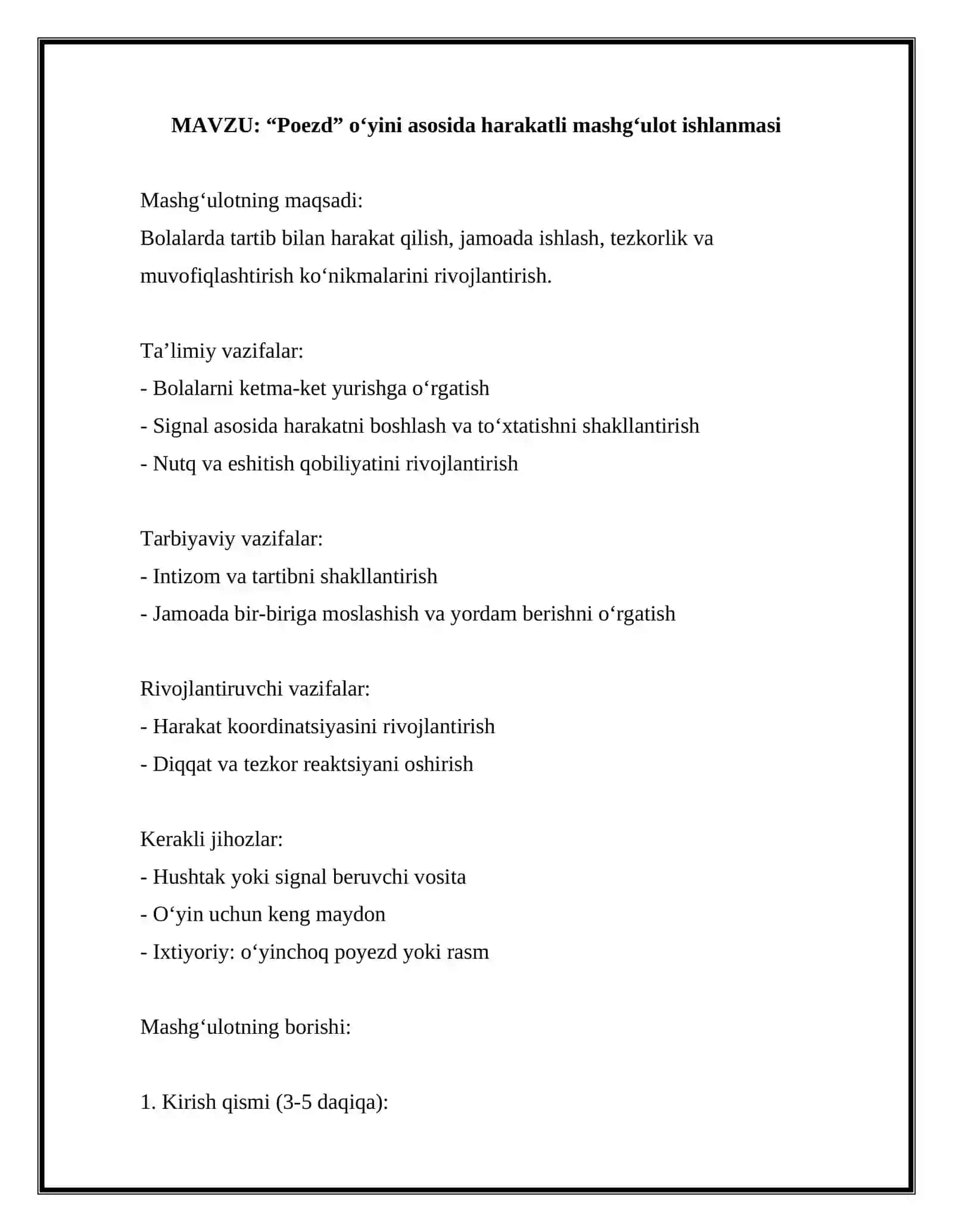 Poezd o‘yini asosida harakatli mashg'ulot ishlanmasi 2