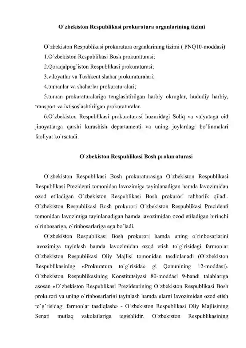 O`zbekiston Respublikasi prokuratura organlarining tizimi 2