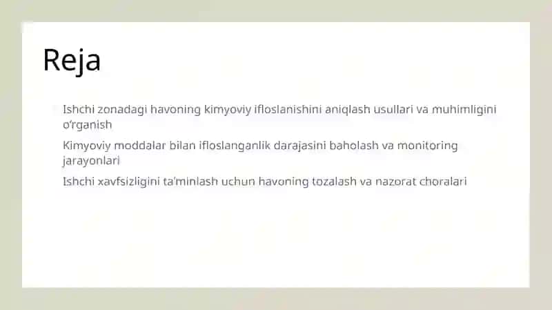Ishchi zonasi havosining kimyoviy moddalar bilan ifloslanganligini tekshirish va baholash 2