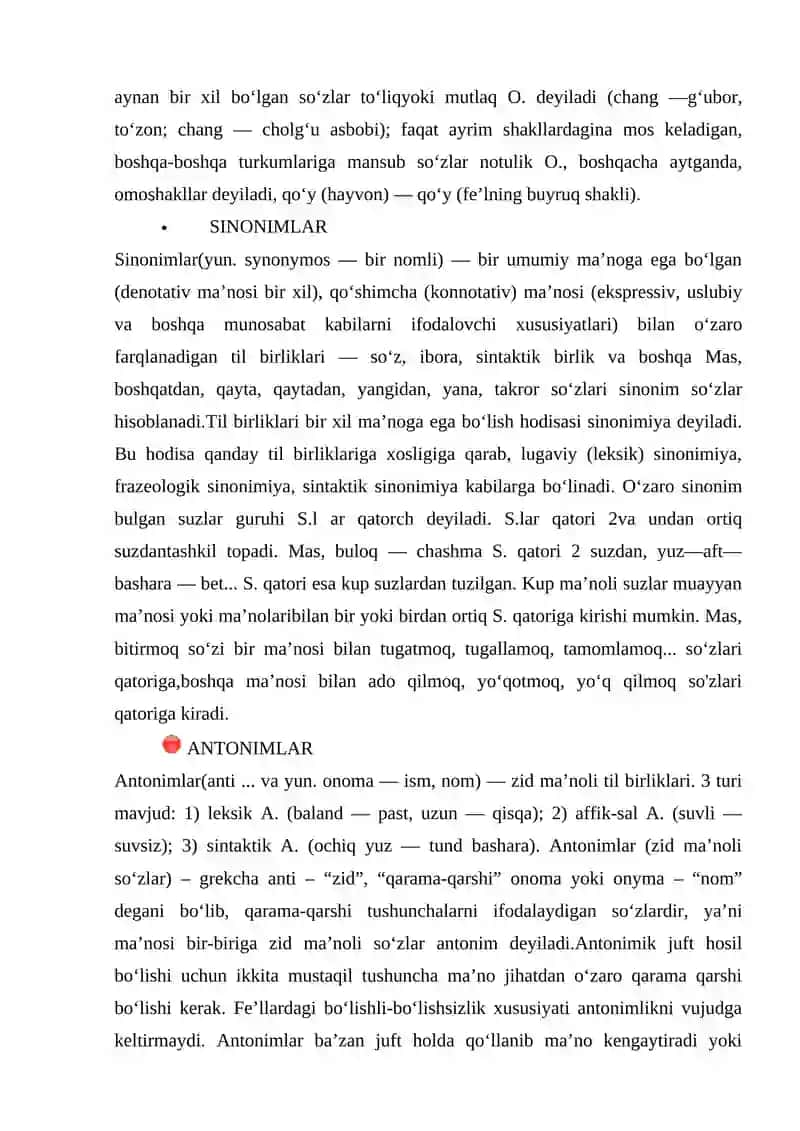 So`zlarning shakl va ma’no munosabatiga ko`ra turlari. Omonimlar (shakldosh so’zlar). Sinonimlar (ma’nodosh so’zlar). Antonimlar (qarama-qarshi so’zlar). Paronimlar (talaffuzdosh so’zlar) 2