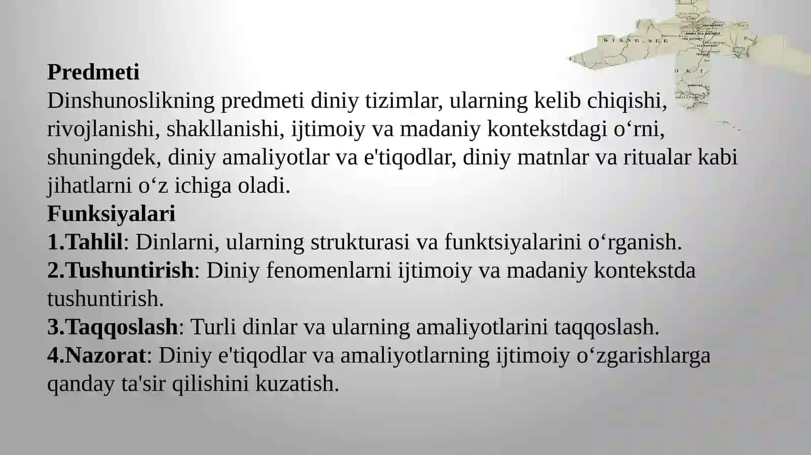 Dinshunoslikning fan sifatida shakllanishi, predmeti, funksiyalari, kategoriyalari 2
