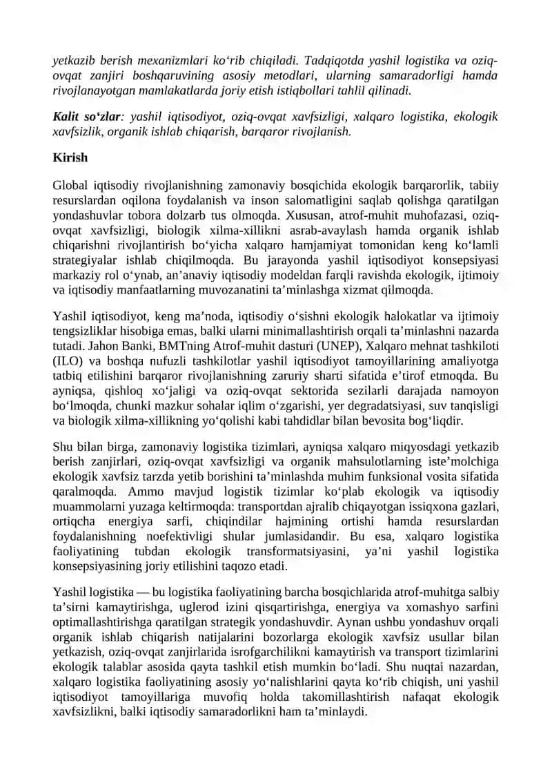 YASHIL IQTISODIYOT SHAROITIDA OZIQ -OVQAT XAVFSIZLIGI, BIOLOGIK XILMA-XILLIK VA ORGANIK ISHLAB CHIQARISHNI TA’MINLASHDA XALQARO LOGISTIKA FAOLIYATINING ASOSIY YO’NALISHLARI VA ROLI 2