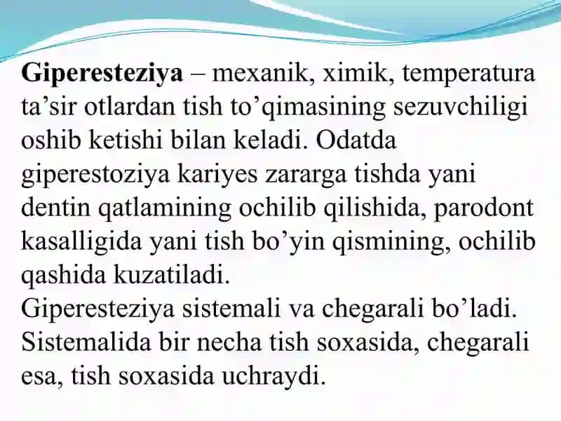 Tish chiqqandan keyin paydo bo’ladigan nokariyes kasalliklar. Giperesteziya, patologik yemirilish. Tasnifi, klinikasi, tashxislash va qiyosiy tashxislash. 2