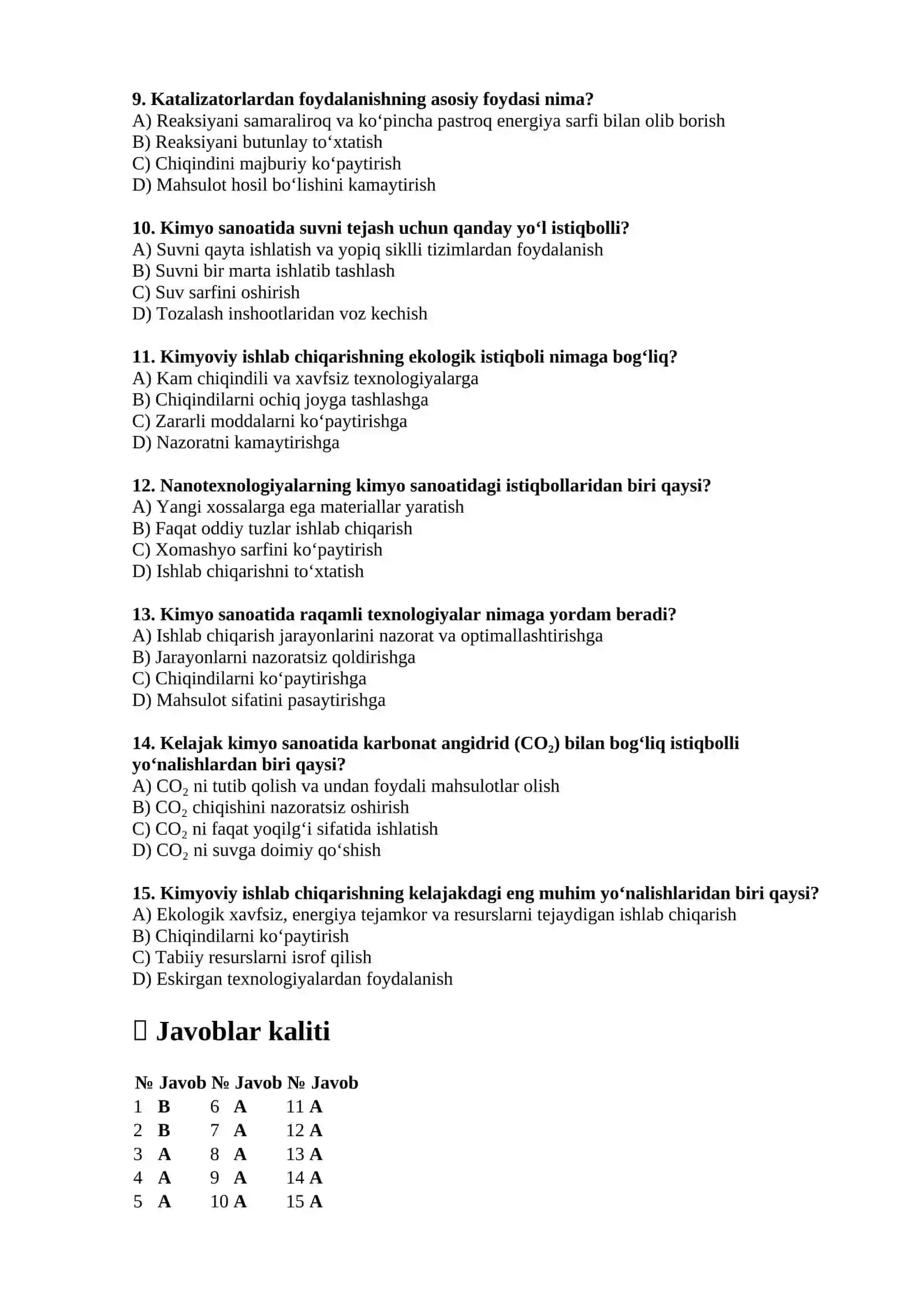 Kimyoviy ishlab chiqarish istiqbollari — 15 ta test 2