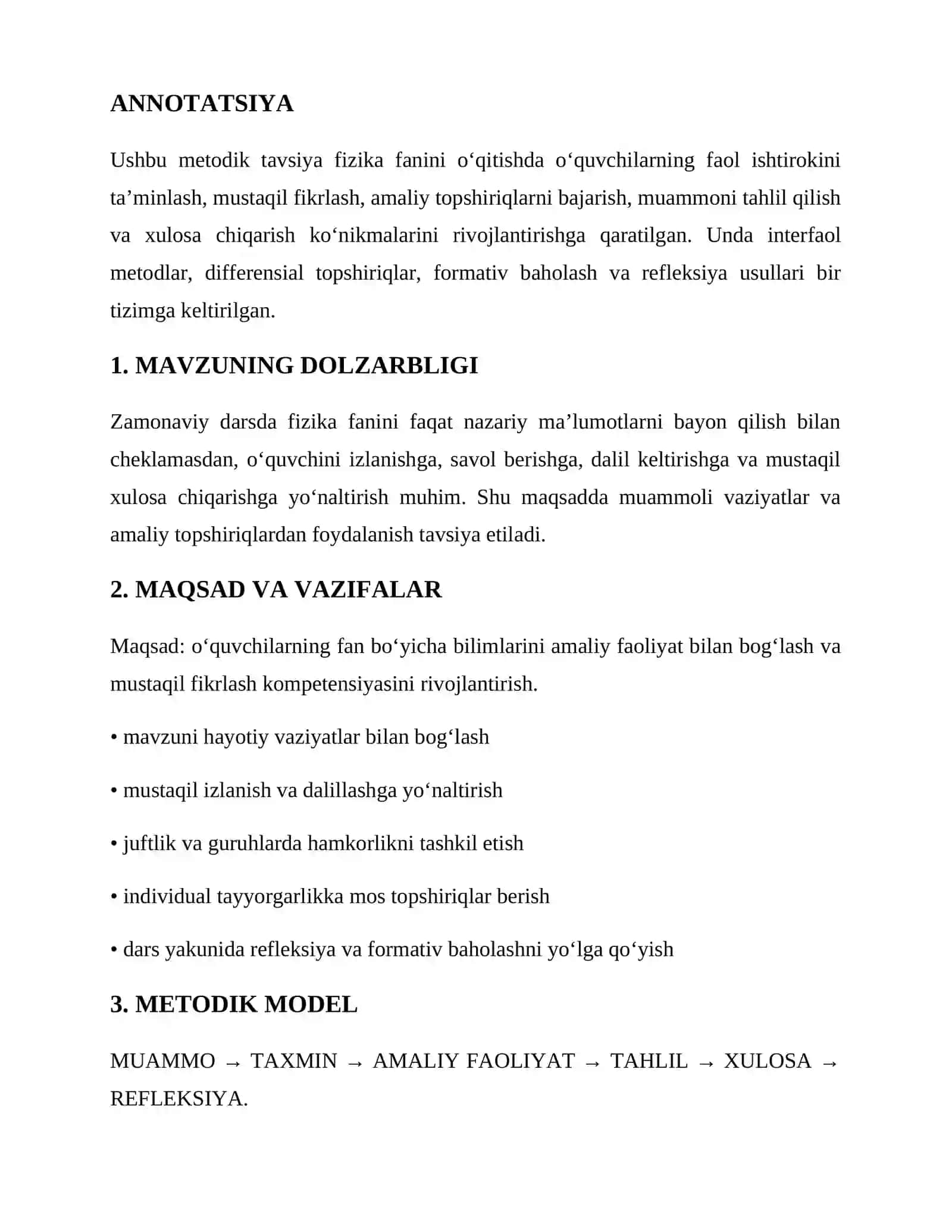 ILG‘OR PEDAGOGIK TAJRIBANI OMMALASHTIRISH UCHUN METODIK TAVSIYA 2