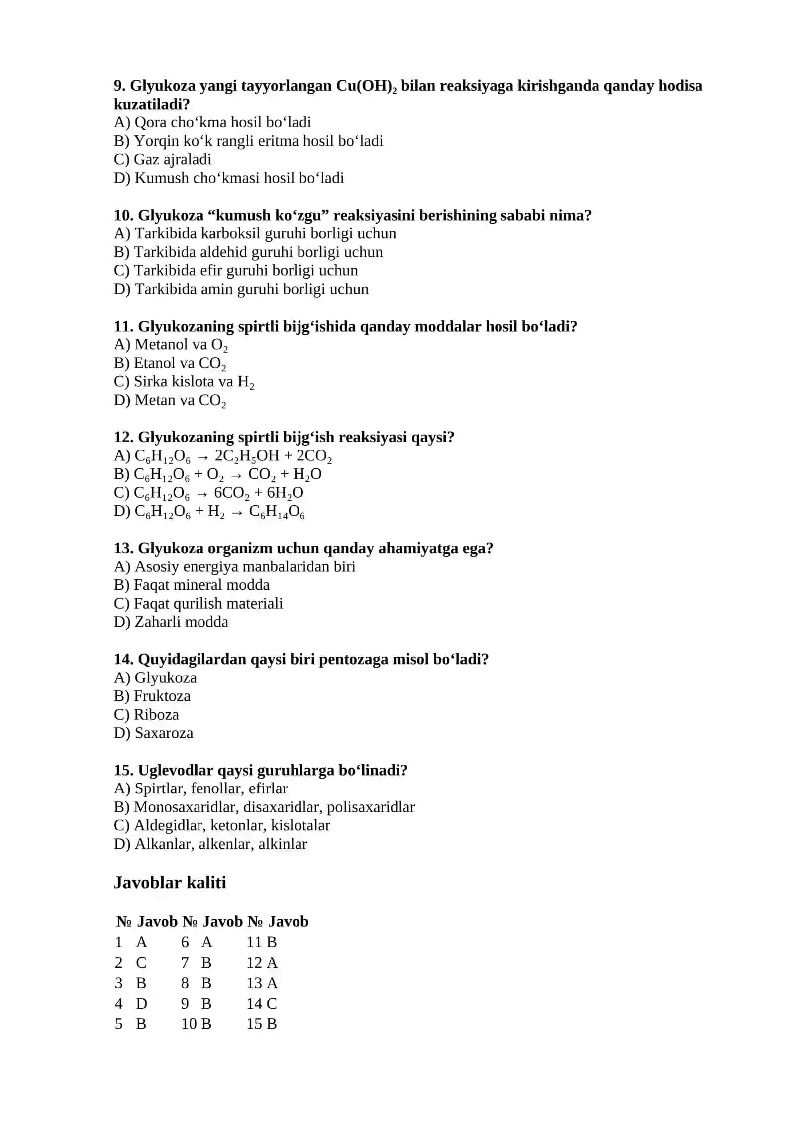 Uglevodlar. Monosaxaridlar — 15 ta test 2