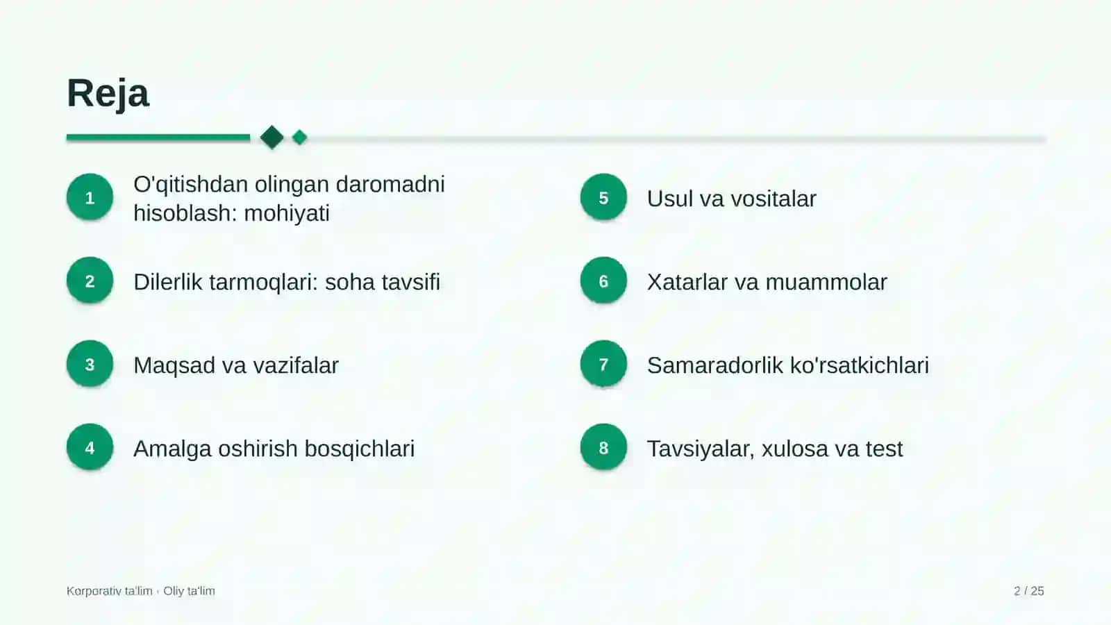 Dilerlik tarmoqlarida o'qitishdan olingan daromadni hisoblash 2