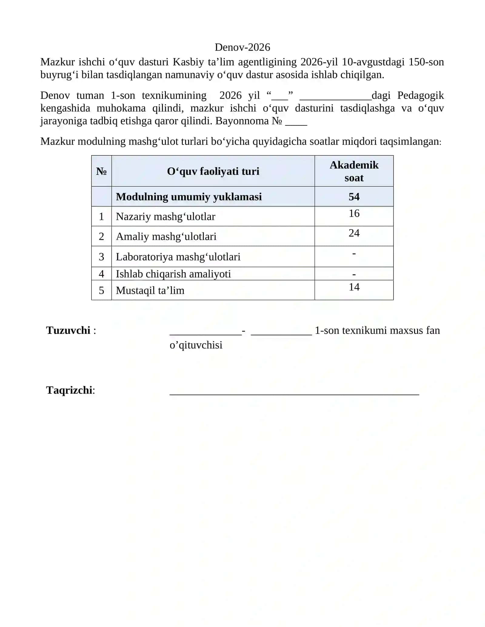 MODULLI ISHCHI DASTURI UKM1. Mehnat muhofazasi va ekologik xavfsizlik 2