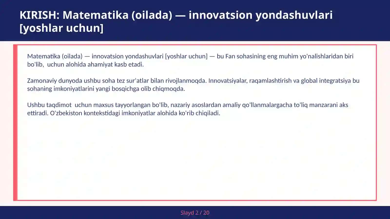 Matematika (Oilada) — Innovatsion Yondashuvlari [Yoshlar Uchun] 2