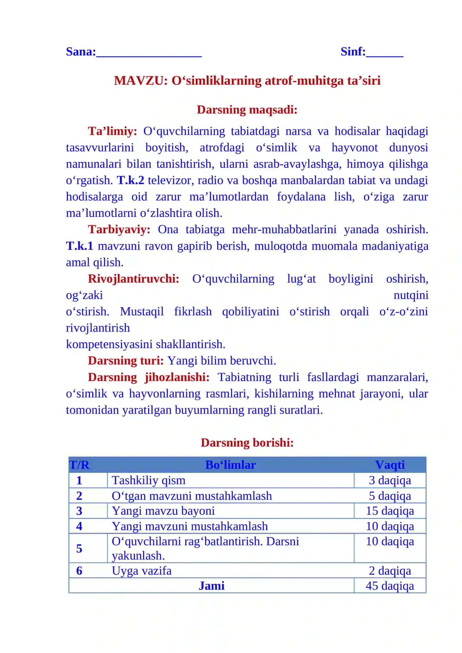 4-sinf tabiiy fandan O'simliklarning atrof muhitga ta'siri 1-chorak dars ishlanmasi 2