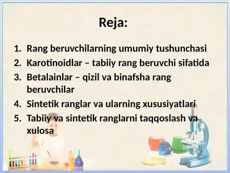Tabiiy rang beruvchilar (karotinoidlar va betalain) sentetik ranglar bilan taqqoslanishi. 2