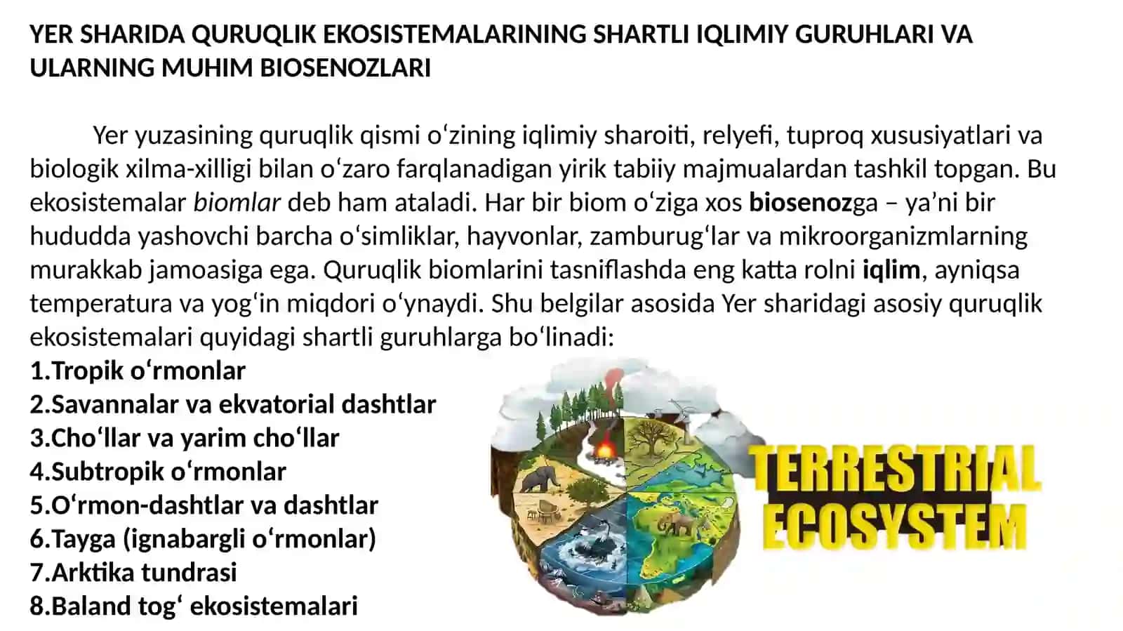 Yersharida quruqlik ekosistemalarining shartli iqlimiy guruhlari va ularning muhim biosenozlari 2