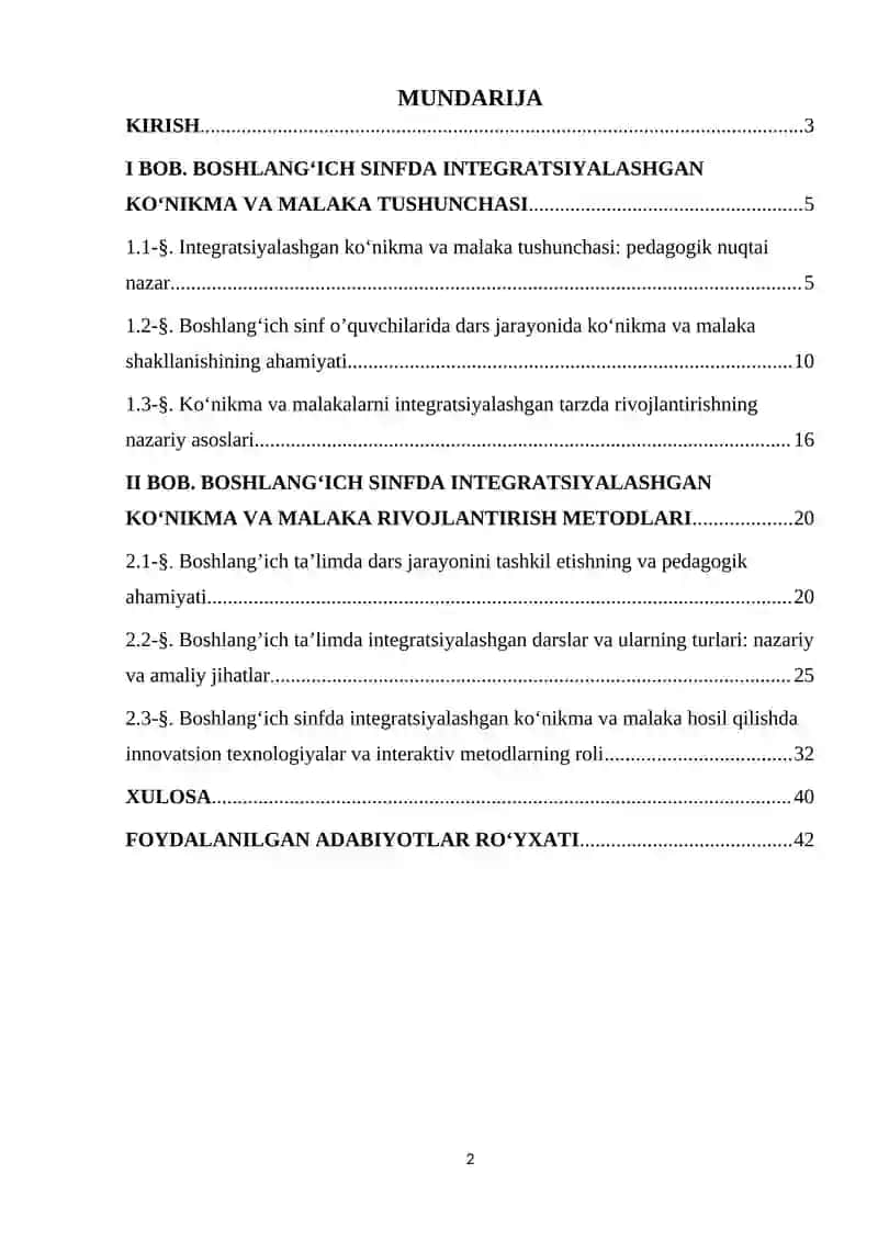 BOSHLANG’ICH SINFDA INTEGRATSIYALASHGAN KO’NIKMA VA MALAKA HOSIL QILISHNING O’ZIGA XOSLIGI 2