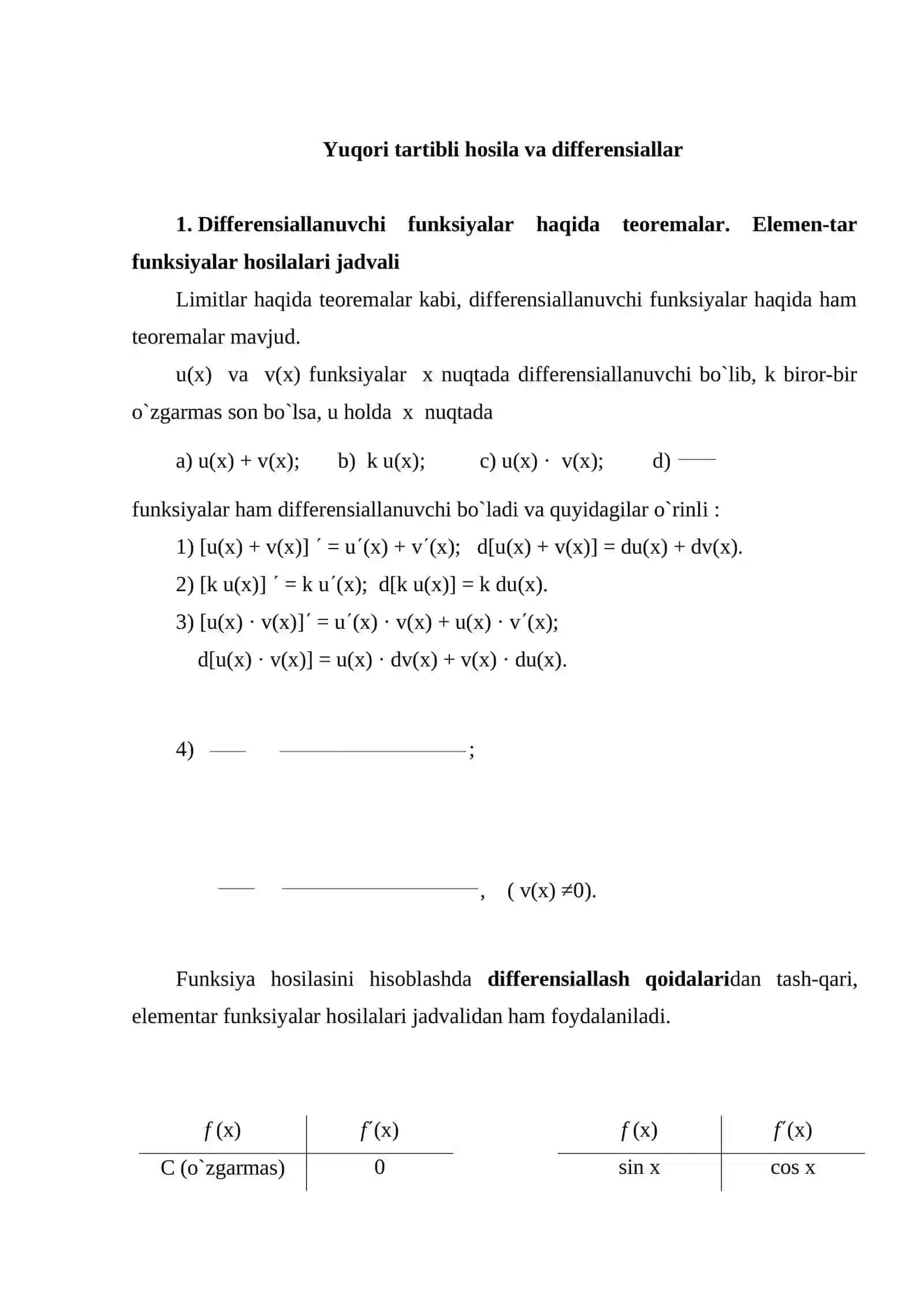 Yuqori tartibli hosila va differensiallar. Ba’zi funksiyalarni taqribiy qiymatlarini topish. 2